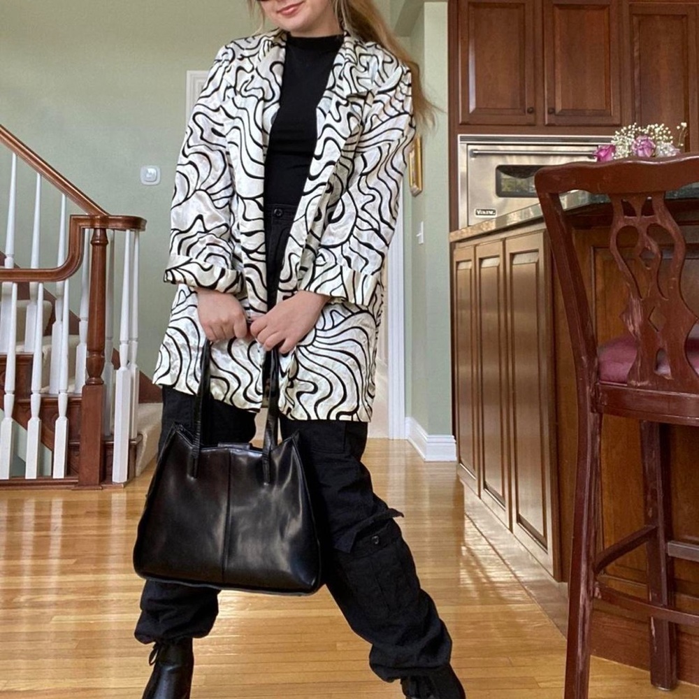 White satin blazer with black velvet swirls